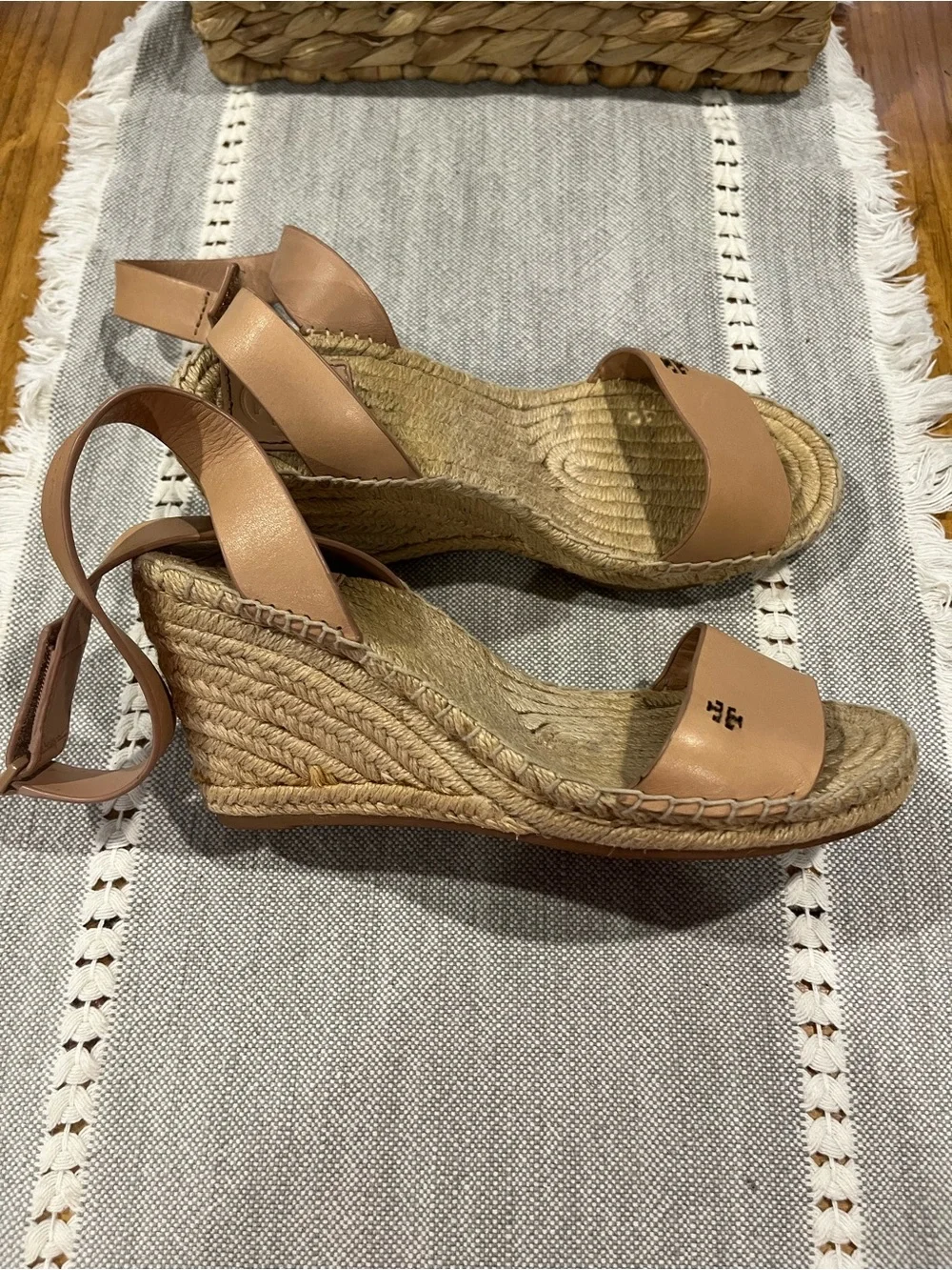 Tory Burch Bima  Tan Leather Espadrille Wedge Sandals with Ankle Strap 6.5